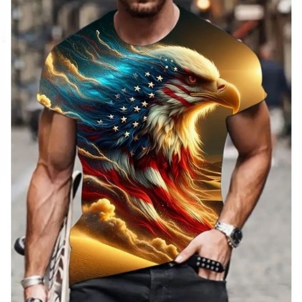 American Flag Eagle 3D Print Men's Casual T-Shirt Short Sleeve Crew‎ Neck Tee